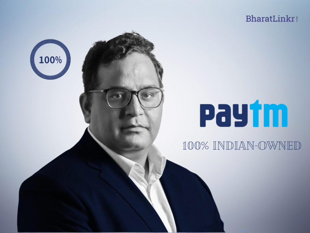 Portrait of Paytm founder Vijay Shekhar Sharma with Paytm logo and text reading "100% Indian-Owned" in the background.