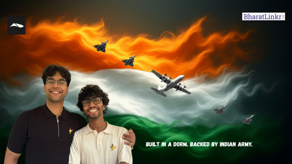 Two young Indian male founders standing in front of a digitally illustrated Indian flag background with drones and fighter jets flying across, representing a student-led drone startup backed by the Indian Army.