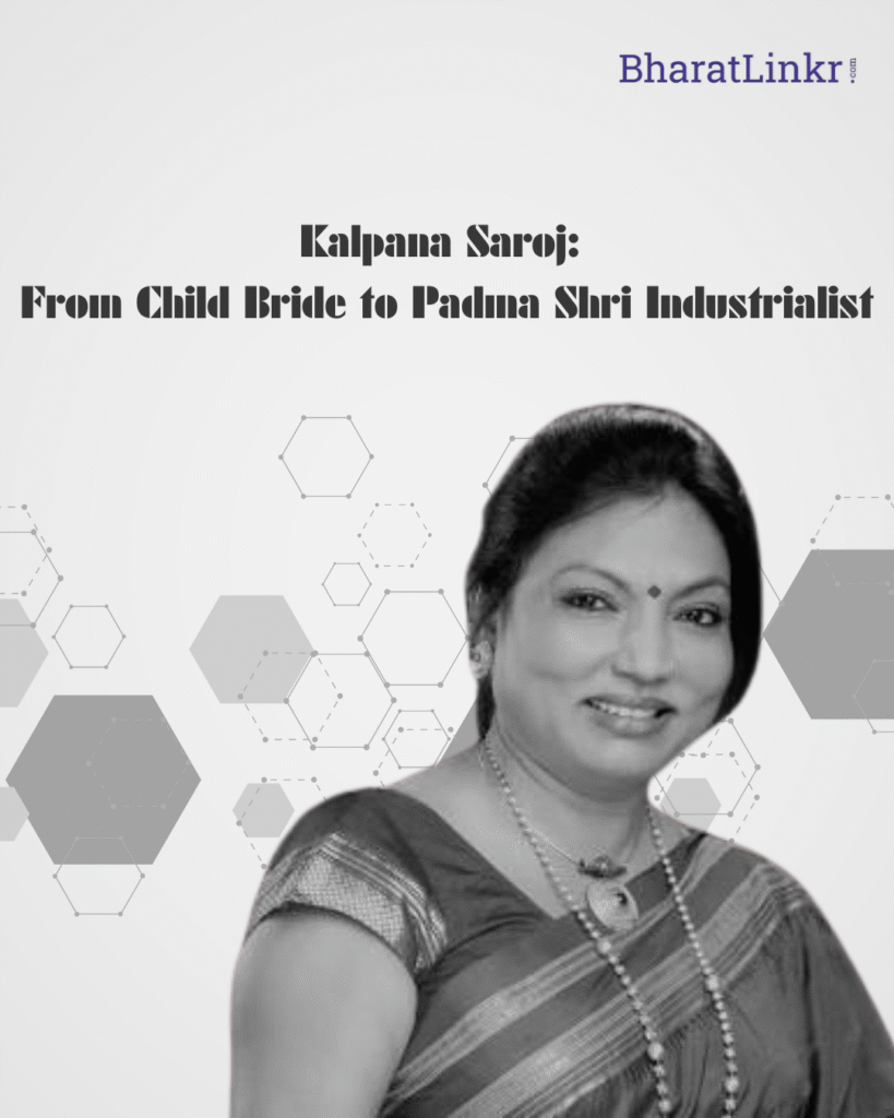 Black-and-white image of Kalpana Saroj wearing a saree and smiling, with the title “From Child Bride to Padma Shri Industrialist” above her.